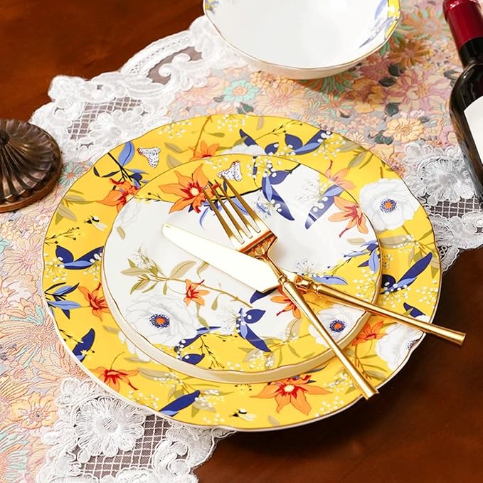 Exquisite ceramic tableware 3 Piece Bone China Modern Round Dishes Sets,Dinnerware dishset for Kitchen,Dinner Plate,Dessert Plate,Soup Bowl,Yellow flowers