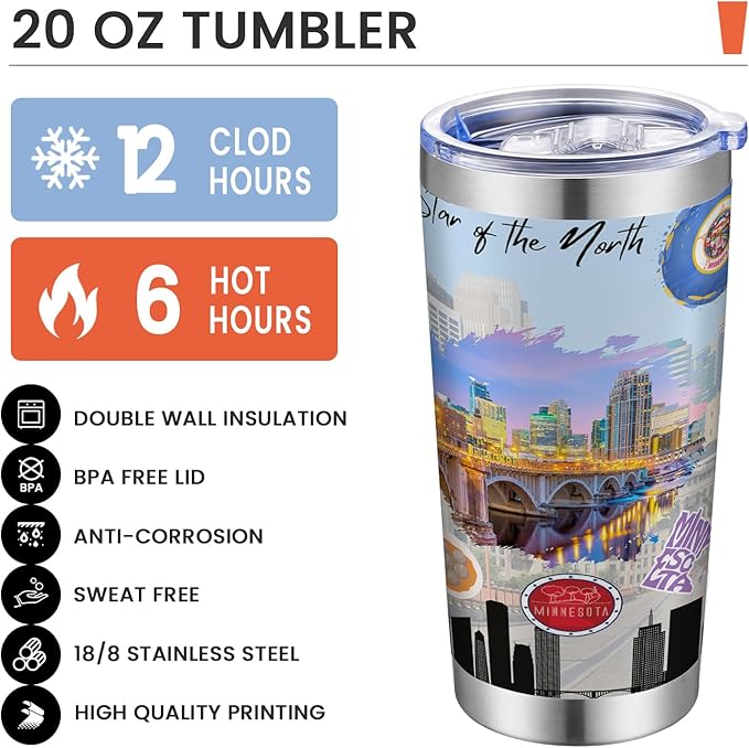 20oz Insulated Tumbler Minnesota State Coffee Mug, United States Map Travel Mug Landmark, Birthday Gifts Cute Custom Tumbler Cups with Lid and Straw Mothers Day Gifts