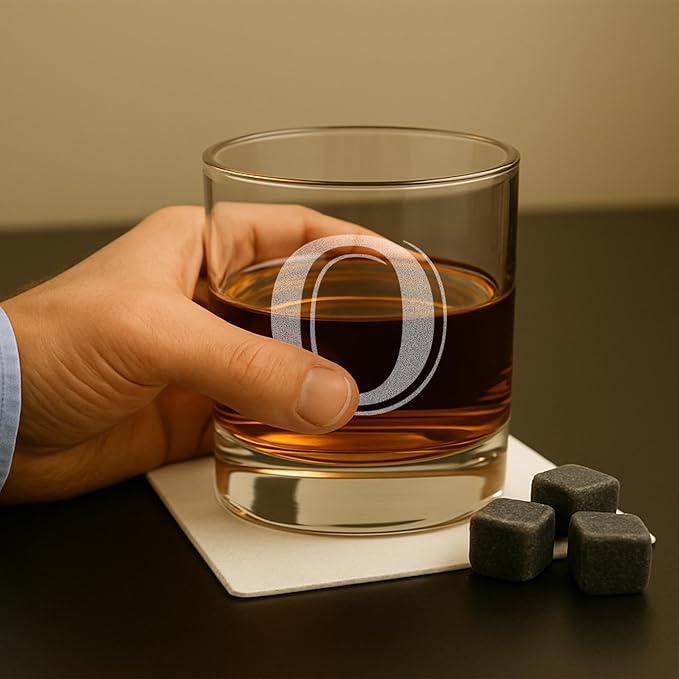 On The Rox Drinks (O-Monogram)- 4 Piece Set of 11 Ounce Engraved Heavy Base Rocks Glasses- Quality Elegant Glass-Multi-Purpose Beverage-Rocks Glass- For any Occasion