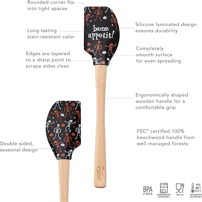 Tovolo Bone Appetit Halloween Spatula with Wood Handle BPA Free Heat Resistant Silicone Spatula for Halloween Baking Mixing Cooking Meal Prep, Spooky Kitchen Accessories Spatulas with Designs