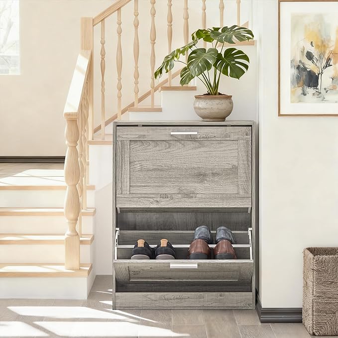 Shoe Cabinet for Entryway, 2-Tier Flip Drawer Shoe Storage Cabinet with Dividers, Shoe Organizer for Small Spaces, Narrow Shoe Rack, Slim Shoe Rack Freestanding, Grey, HUS-FSR137