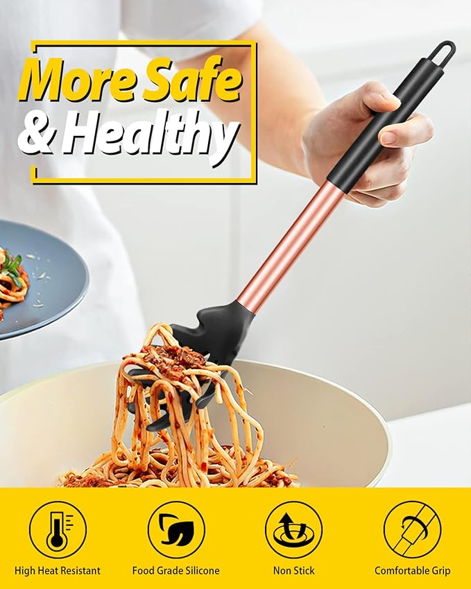 Pack of 2 Silicone Pasta Fork, Kitchen Heat Resistant Noodle Spoon Server, BPA Free Spaghetti Strainer, Best Cooking Tools (ROSE GOLD BLACK-KHAKI)