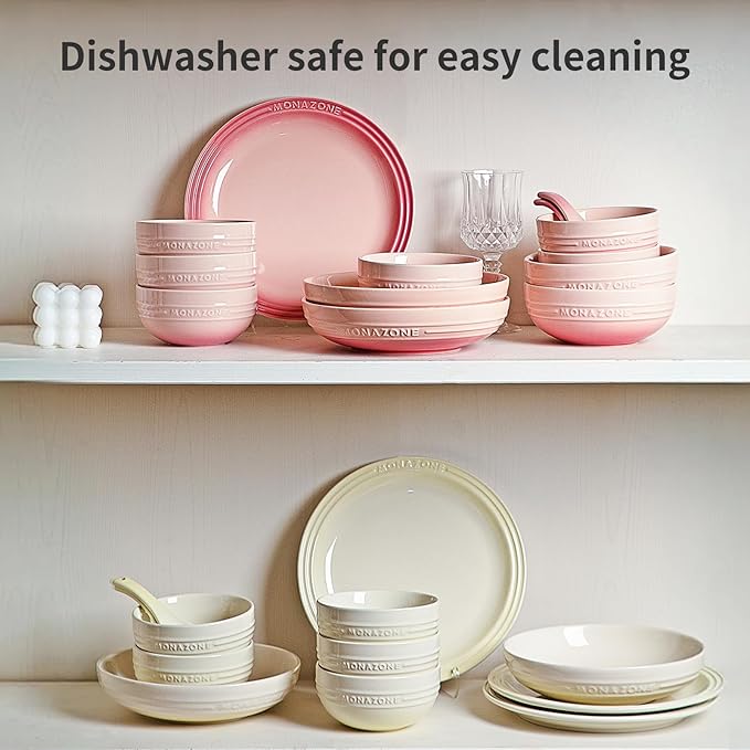 12-Piece Pink Ceramic Dinnerware Set - Monazone Series, Service for 4, Includes Bowls & 8''/9'' Plates, Glossy Finish