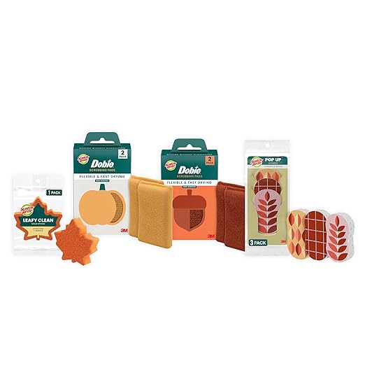 Scotch-Brite Brite Harvest Collection, 1 Extra Gentle Leafy Clean Kitchen Sponge, 3 Pop Up Dish Sponges That Expand with Water, and 4 Dobie Non-Scratch Sponges