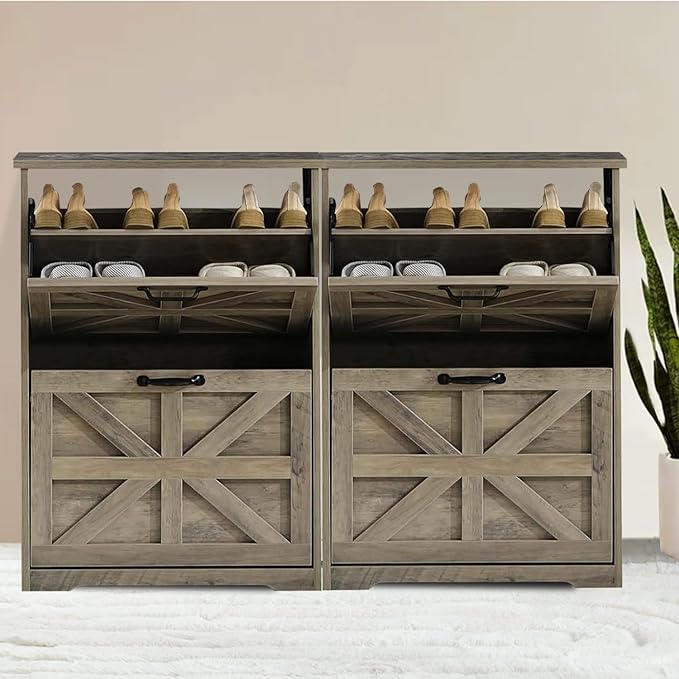 Shoe Storage Cabinet with 2 Flip Drawers, Farmhouse Shoe Organizer with Barn Door Design, Space-Saving Hidden Narrow Shoe Rack Cabinet for Entryway, Hallway & Foyer，Grey