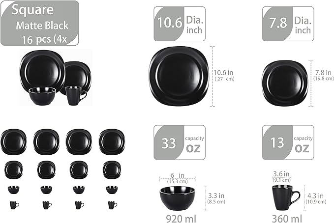 Stoneware Square 16pc Dinnerware Set, Matte Black