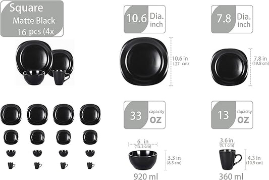 Stoneware Square 16pc Dinnerware Set, Matte Black