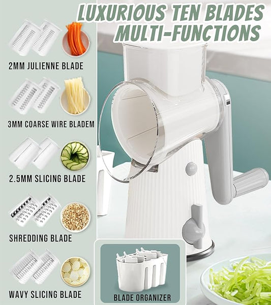 5 In 1 Rotary Cheese Grater Vegetable Slicer for Kitchen, Carrot Shredder Tool-Food Shredders with 5 Sets Interchangeable Blades And Strong Suction Base (White)