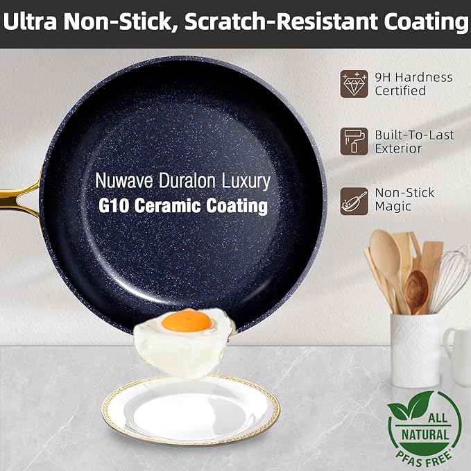Nuwave 12pc Forged Lightweight Cookware Set, G10 Healthy Duralon Ceramic Ultra Non-Stick Coating, Vented Tempered Glass Lids, Stay-Cool Handles, Induction-Ready & Works on All Cooktops, PFAS Free