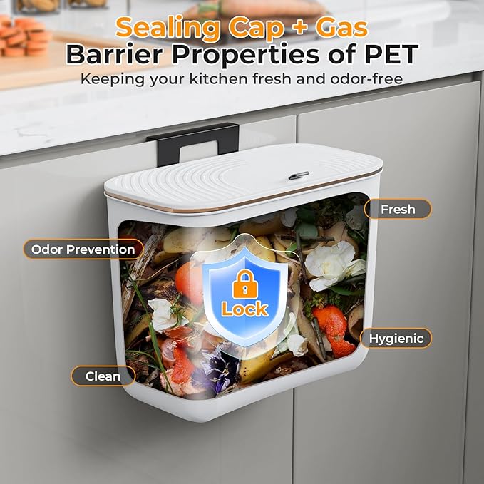 1.9 Gallon Hanging Trash Can - Small Under Sink Trash Can with Lid, Wall Mounted Compost Bin for Kitchen Cupboard Countertop, Odor-Control, Extended Clamping Ring, PET Material, White