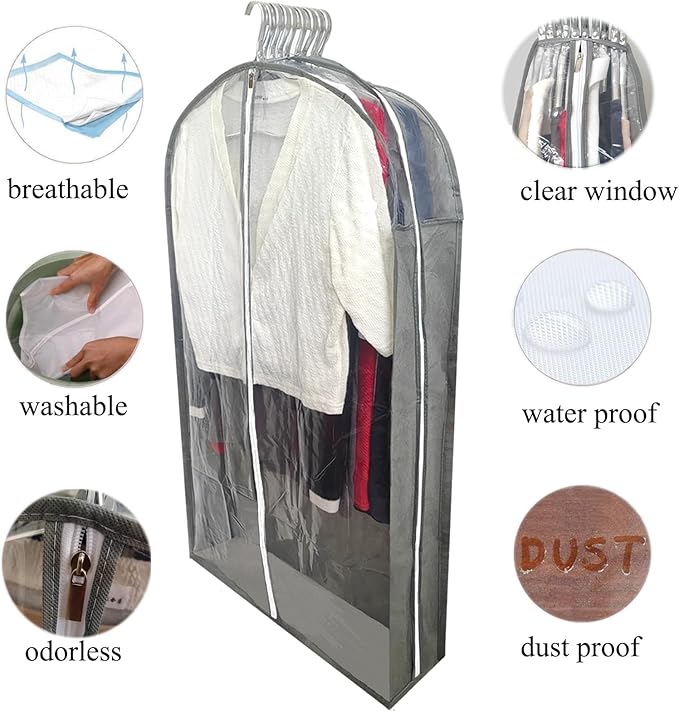 Suit Bags for Closet Storage with 6.3" Gusset, 40" Dust Proof Garment Bags for Hanging Clothes, Clear Suits Covers and Side Zipper Protector for Jacket, Coat, Sweater, Shirts, Clothing Grey/5 Packs