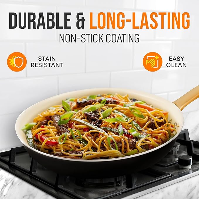 NutriChef Medium Nonstick Ceramic Frying Pan with Lid - Non Toxic 10 Inch Skillet with lid - Induction Compatible pan with Heat Resistance Handle - Easy to Clean and Stain-Resistant