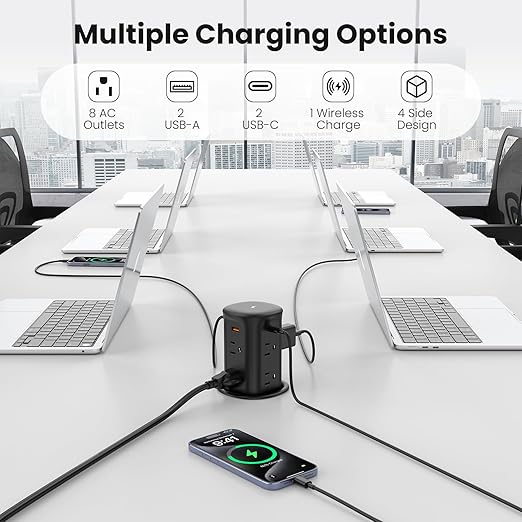 VILONG Pop Up Outlet with 15W Wireless Charger,4 USB Ports，8 Outlets,Space-Saving Concealed Design,Pop Up Countertop Receptacle for Conference Table,Kitchen Countertop (ETL Listed)