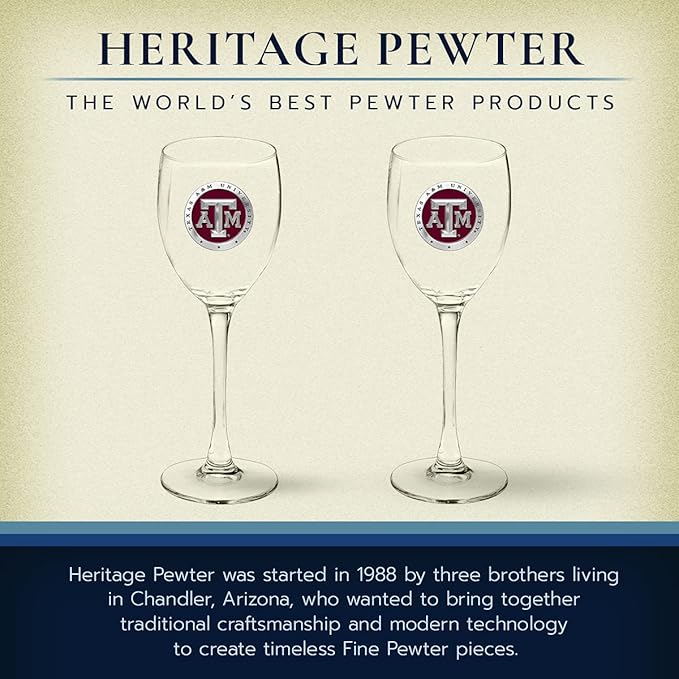 Heritage Pewter Texas A&M Glass Goblets – Set of 2 | 12 OZ Goblet Wine Glasses | Expertly Crafted Pewter Glass