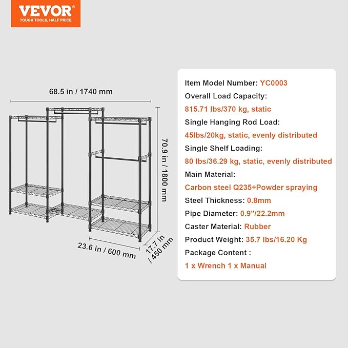 VEVOR Clothing Garment Rack, Heavy Duty Closet Wardrobe, Adjustable Tiers Clothes Racks with Steel Frame, for Bedroom, Clothing Store, Hallway