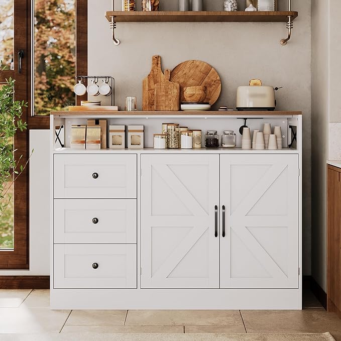 OUTLANE 47In Large Buffet Cabinet, Modern Farmhouse Sideboard with 3 Drawers, Wood Cupboard Storage Pantry Cabinet with 2 Barn Doors&Adjustable Shelf, Storage Cabinet for Living Room, Kitchen, White