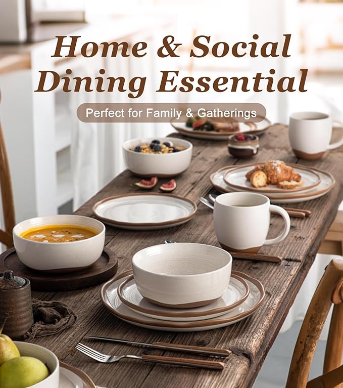 Lareina Plates and Bowls Set, 12 Pieces Farmhouse Ceramic Dinnerware Sets, Scratch Resistance, Dishwasher Microwave Safe, Vanilla White