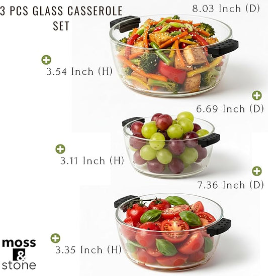 Moss & Stone 6-Piece Borosilicate Glass Casserole Set with Durable Plastic Lids – 2.6/1.5/1 Qt Oven & Microwave Safe Glass Baking Dishes for Cooking, Serving & Kitchen Storage