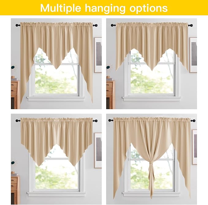 NICETOWN Room Darkening Pole Pocket Kitchen Tier Curtains- Tailored Scalloped Valance/Swags for Nursery for Basement (Biscotti Beige, 2 Pieces, 72 inches Wide Combined, 63 inches Long)