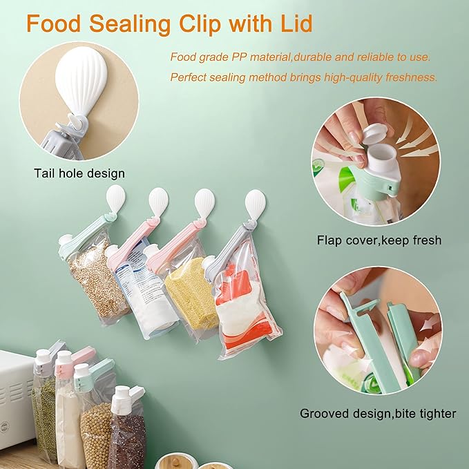 4pcs Bag Spout Clip,for Food,Snack Sealing Clips with Pour Spouts,Kitchen Chip Bag with Adhesive Hooks, for Cereal Kitchen Food Storage Organizer Kit-SMALL