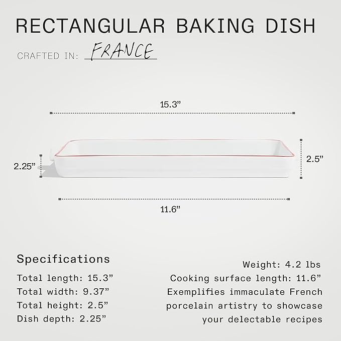 Made In Cookware - Rectangular Baking Dish - Red Rim - Hand Crafted Porcelain - Professional Bakeware - Made in France
