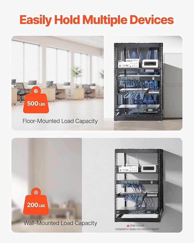 VEVOR 16U Open Frame Server Rack & Network Rack, Wall Mounted or Floor Standing, Heavy Duty 4 Post, with 2PCS Vented 1U Shelves & Mounting Hardware, Holds All 19'' Networking IT Equipment AV Gear