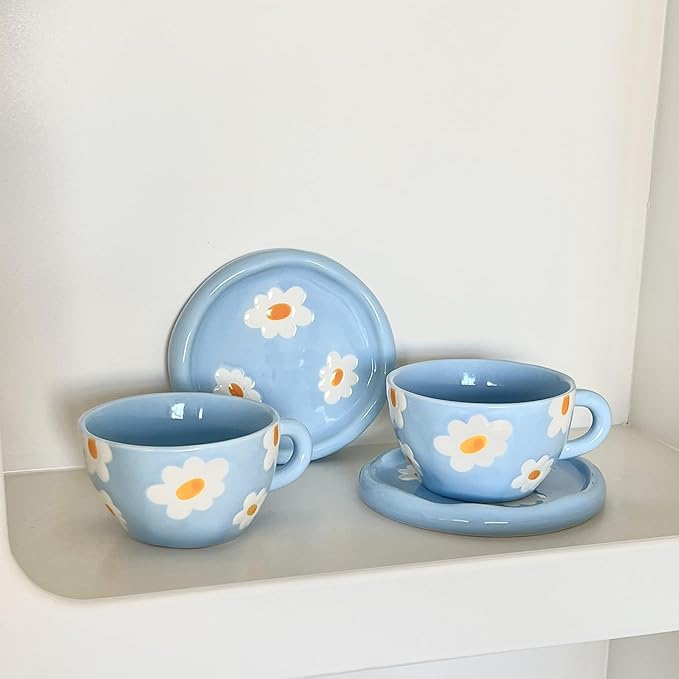 Coffee Mugs Set with Saucer Blue Flowers Cup Gifts for Women Birthday Tea Coffee Mug with Coaster 250 ML Ceramic Cup Birthday Gift for Women Girls Mom Friend Coffee Mug aucer Set