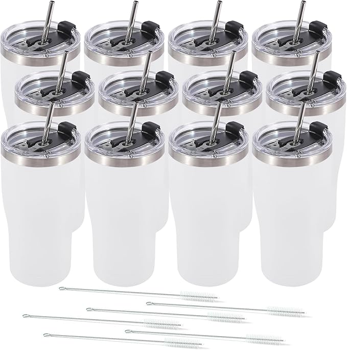 Dongni 20oz Tumbler with Lid Stainless Steel Tumblers Bulk, Double Wall Vacuum Insulated Coffee Travel Mug Powder Coated Tumbler（White 12 pack）