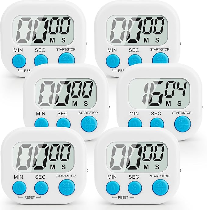 6 Pack Digital Kitchen Timer Multi-Function Magnetic Timers Classroom Timer for Kids Loud Alarm Big LCD Display Electronic Count Up Countdown Timers for Cooking, Classroom, Exercise, Meeting, White