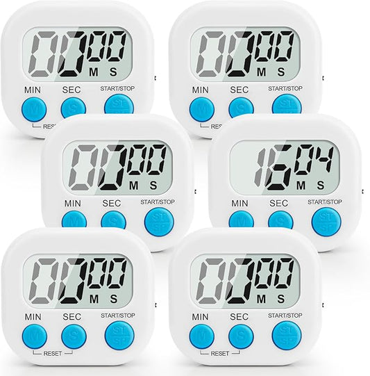 6 Pack Digital Kitchen Timer Multi-Function Magnetic Timers Classroom Timer for Kids Loud Alarm Big LCD Display Electronic Count Up Countdown Timers for Cooking, Classroom, Exercise, Meeting, White