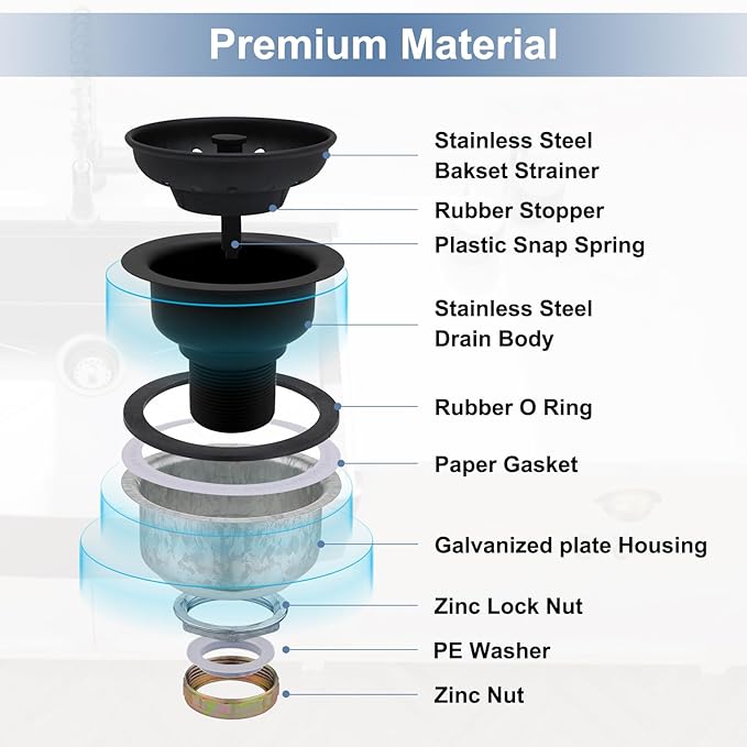 ZM Kitchen Sink Stainless Steel Deep Locking Basket Strainer with Drain Assembly,Black, 3-1/2 Inch Sink Drain Stopper Plug