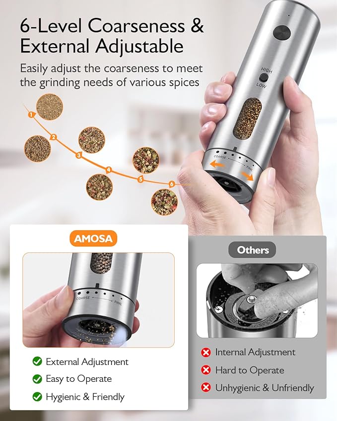 Electric Salt and Pepper Grinder Set, Upgraded 2-Speed Setting, External 6 Adjustable Coarseness, USB C Dual Rechargeable Base, All Stainless Steel Automatic Salt & Pepper Mill Shakers with LED Light