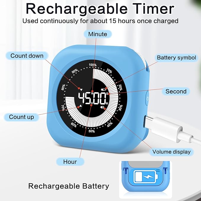 Visual Timer for Kids Rechargeable, 10-Hour Digital Timer ，Magnetic Timer with Visual Time Bars Design，3 Brightness/3 Volume Adjustable, Countdown/up Timers for Classroom Study Game GYM Kitchen Office