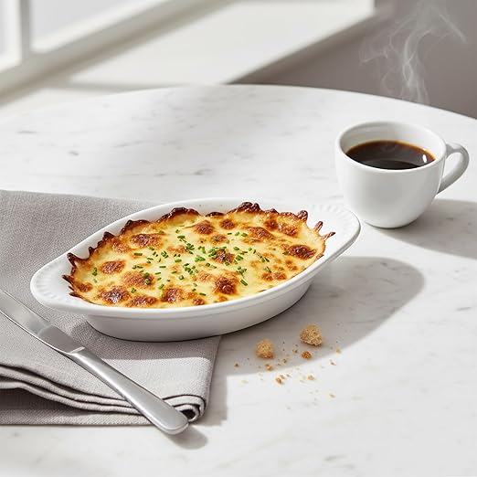 Tuxton China BWN-080 Welsh Rarebit, 8 oz., 8-1/8" x 4-3/8" x 1-1/4"H, Oval, Microwave and Dishwasher Safe, Oven Proof, Fully Vitrified, Ceramic, TuxCare, Healthcare, White, Pack of 12
