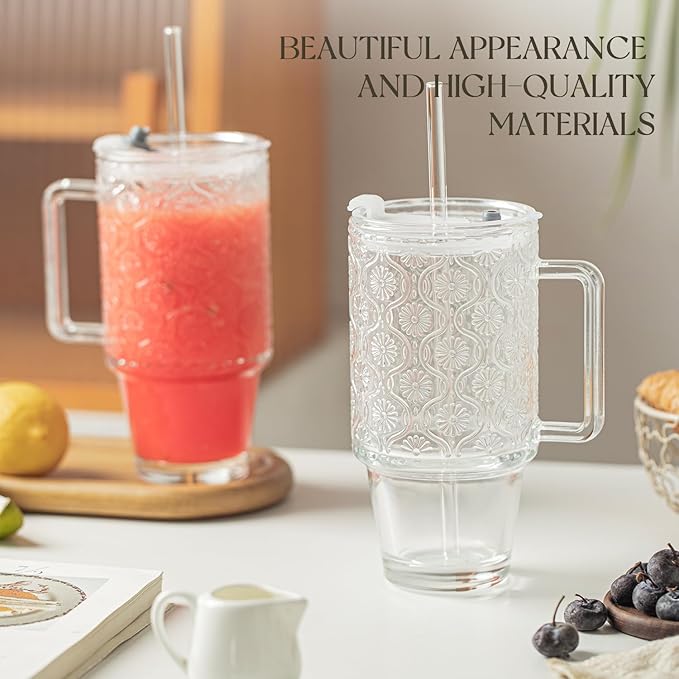 KEMORELA 24 Oz Ribbed Glass Tumblers with Lids and Straws, Tumbler Cup with Handle, Iced Coffee Glassware, Clear Reusable Drinkware for Smoothies and Beverages