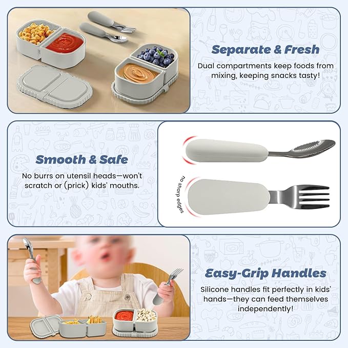 Silicone Snack Containers for Kids (8.5Oz, 2-Compartment)+ Kids Silicone Cutlery Set (Spoon and Fork) - BPA Free, Leak Proof, Great for Toddler/Kid/Adult Meal Prep Containers (White)