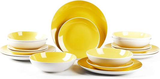 Stoneware Coupe Shape 18pc Dinnerware Set, Outside White + Inside Yellow