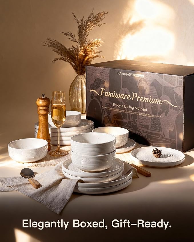 Stoneware Dinnerware Sets, Plate and Bowl Sets for 6, 18 Pieces Spiral Flared Dishware Set with Speckles & Reactive Glaze - Microwave and Dishwasher Safe Tableware, White