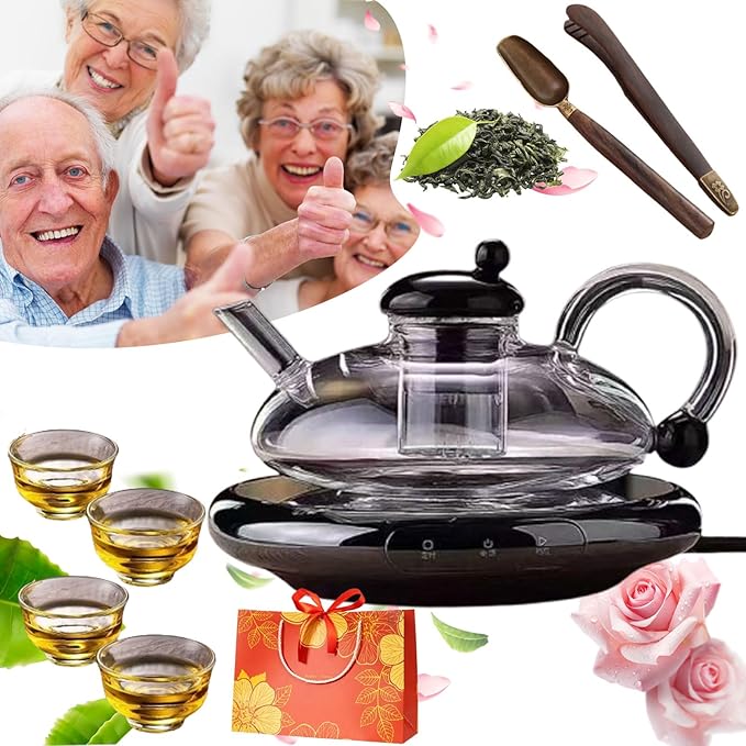 24 OZ Luxury Glass Teapot with Warmer, Automatic Electric Kettle with Tea Infuser, Teapot and Cup Set with Warmer, New Year Christmas Excellent Gift Idea for Tea Lovers (Transparent set + 2 cups)