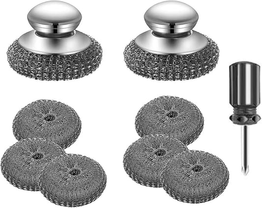 Stainless Steel Wool Metal Wire Scrubber Sponge Scouring Pads Brush Set with Handle for Cleaning Dishes,Pots and Pans,Kitchen Cast Iron,Stoves, Sink,Cooking Tools,Silver(7pcs)