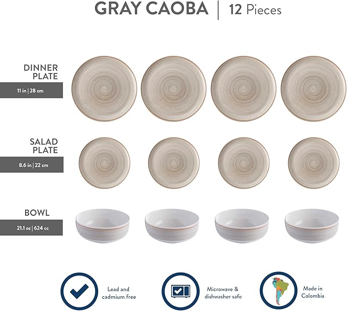 Corona 12–piece Rustic Aestethic Hand-Painted Versatile Ceramic Dinnerware Sets | Plates and Bowls | Service For 4 | Gray Caoba