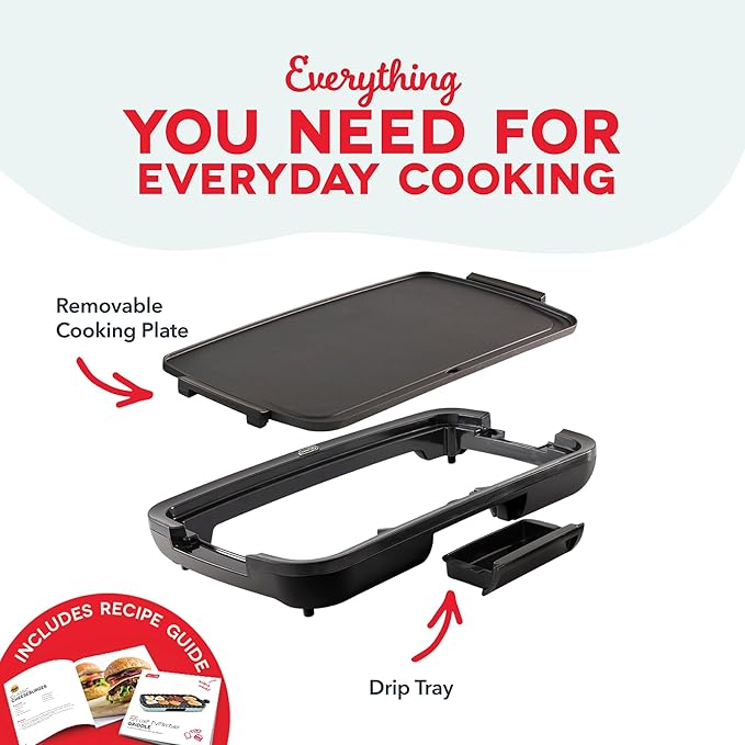 DASH Deluxe Everyday Electric Griddle with Dishwasher Safe Removable Nonstick Cooking Plate for Pancakes, Burgers, Eggs and more, Includes Drip Tray + Recipe Book, 20” x 10.5”, 1500-Watt - Black