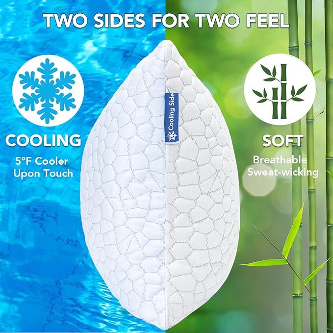 QUTOOL Cooling Pillow for Sleeping King Size 2 Pack, CertiPUR-US Shredded Memory Foam Bed Pillows Set of 2, Soft Cool Pillow for Hot Sleepers Adjustable Firm Pillow for Side, Back, Stomach Sleepers