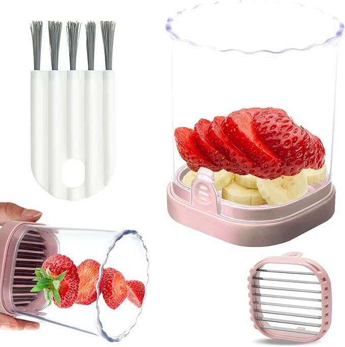 Strawberry Slicer：Fruit Slicer Cup Veggie Salad Speed Cutter for Strawberries Egg Banana Mushroom Cucumber Kiwi the Kitchen Portable Slicing Tool (Pink)