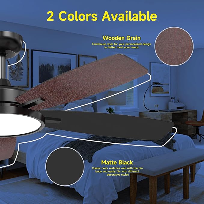Roomratv Ceiling Fans with Lights,52 Inch,Remote Control,Dimmable,Quiet Reversible DC Motor,Black Ceiling Fan for Living Room,Bedroom,Kitchens,Outdoor Patio,Farmhouse