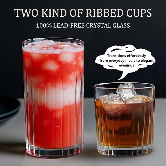 Laerjin Drinking Glasses Set of 8, 12 oz Highball Glasses & 10 oz Cocktail Glasses Set, Ribbed Glass Cups,Thick Glass Cups, Kitchen Water Glasses Cup, Bar Tumbler Glassware for Beer, Whiskey(Clear)
