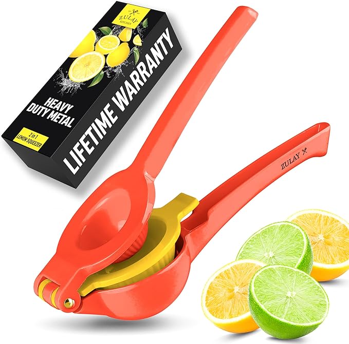 Zulay Kitchen Metal 2-in-1 Lemon Squeezer - Sturdy Max Extraction Hand Juicer Lemon Squeezer Gets Every Last Drop - Easy to Clean Manual Citrus Juicer - Easy-Use Lemon Juicer Squeezer - Red/Yellow
