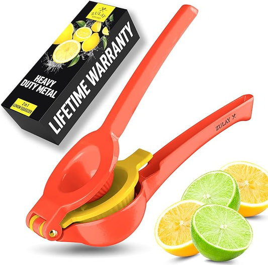 Zulay Kitchen Metal 2-in-1 Lemon Squeezer - Sturdy Max Extraction Hand Juicer Lemon Squeezer Gets Every Last Drop - Easy to Clean Manual Citrus Juicer - Easy-Use Lemon Juicer Squeezer - Red/Yellow