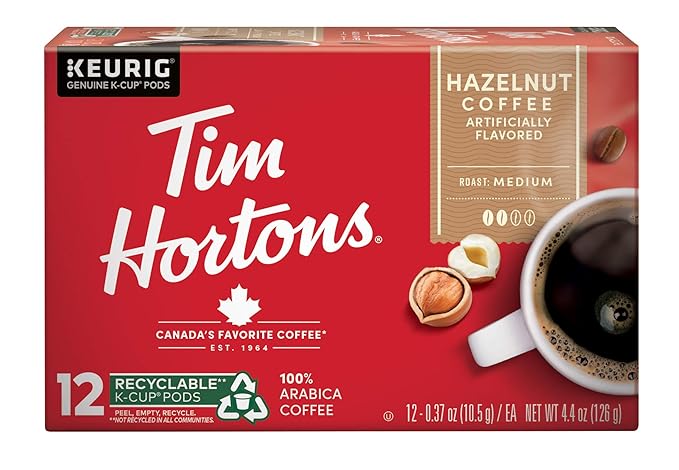 Tim Hortons Hazelnut Flavored, Medium Roast Coffee, Single-Serve K-Cup Pods Compatible with Keurig Brewers, 72ct K-Cups, 6x12ct Boxes, Red
