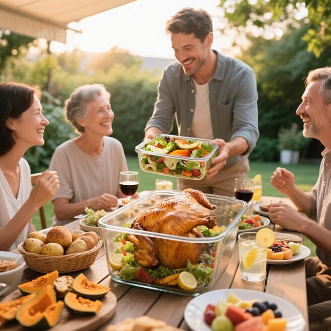 KOMUEE 220oz & 76.4oz Extra Large Glass Food Storage Containers with Airtight Lids, 2 Piece Big Glass Containers Set, Ideal for Storing Rotisserie Chicken, Lasagna,Salads,Fruits, Leak-proof & BPA-Free